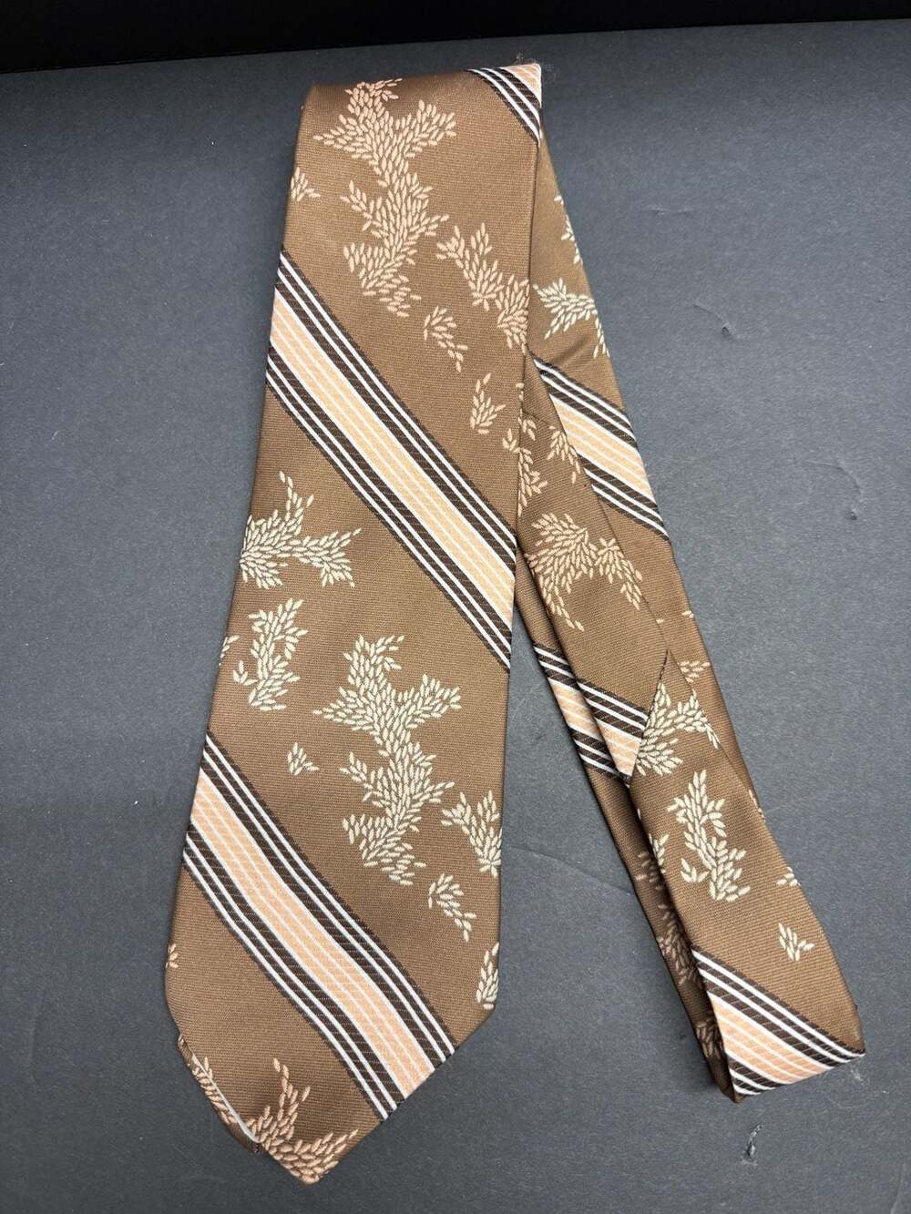 Vintage Wemlon by Wembley Brown Striped Floral Polyester Necktie